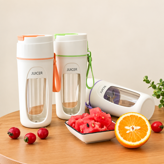 BlendGo portable juicer — three colors with fruit