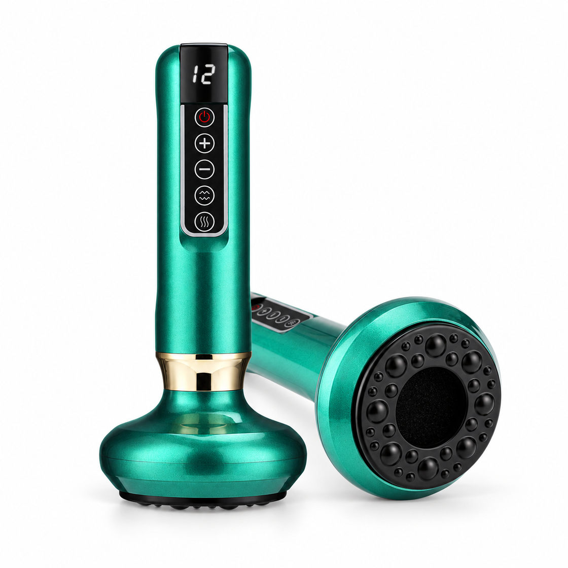 Green cupping massager, front and head views