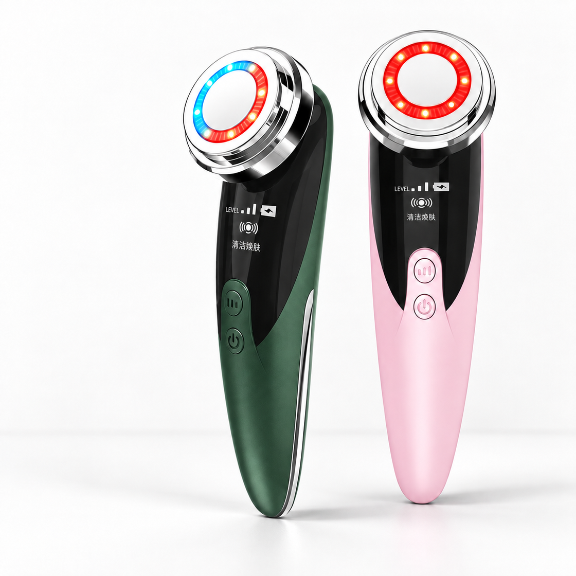 4-Mode facial device green and pink colour comparison on white studio background
