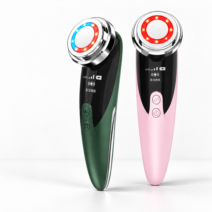 4-Mode facial device green and pink colour comparison on white studio background