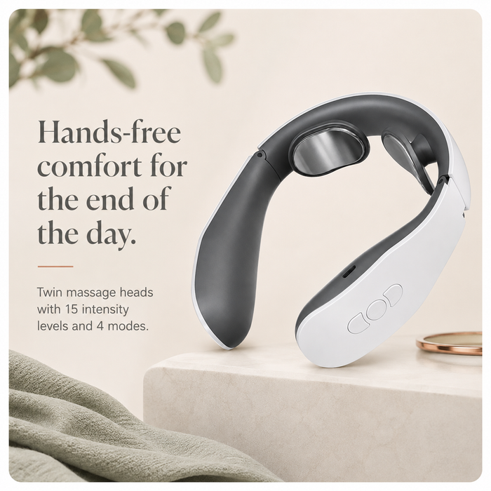 NeckEase cordless neck massager with hands-free comfort and settings overview