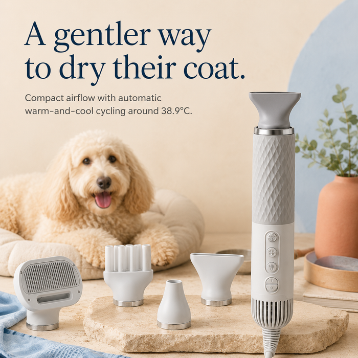 PetBreeze portable pet dryer with four grooming nozzles and temperature cycling