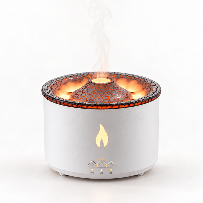 VolcanoMist — Flame & Jellyfish Aroma Diffuser — clean white studio product photograph
