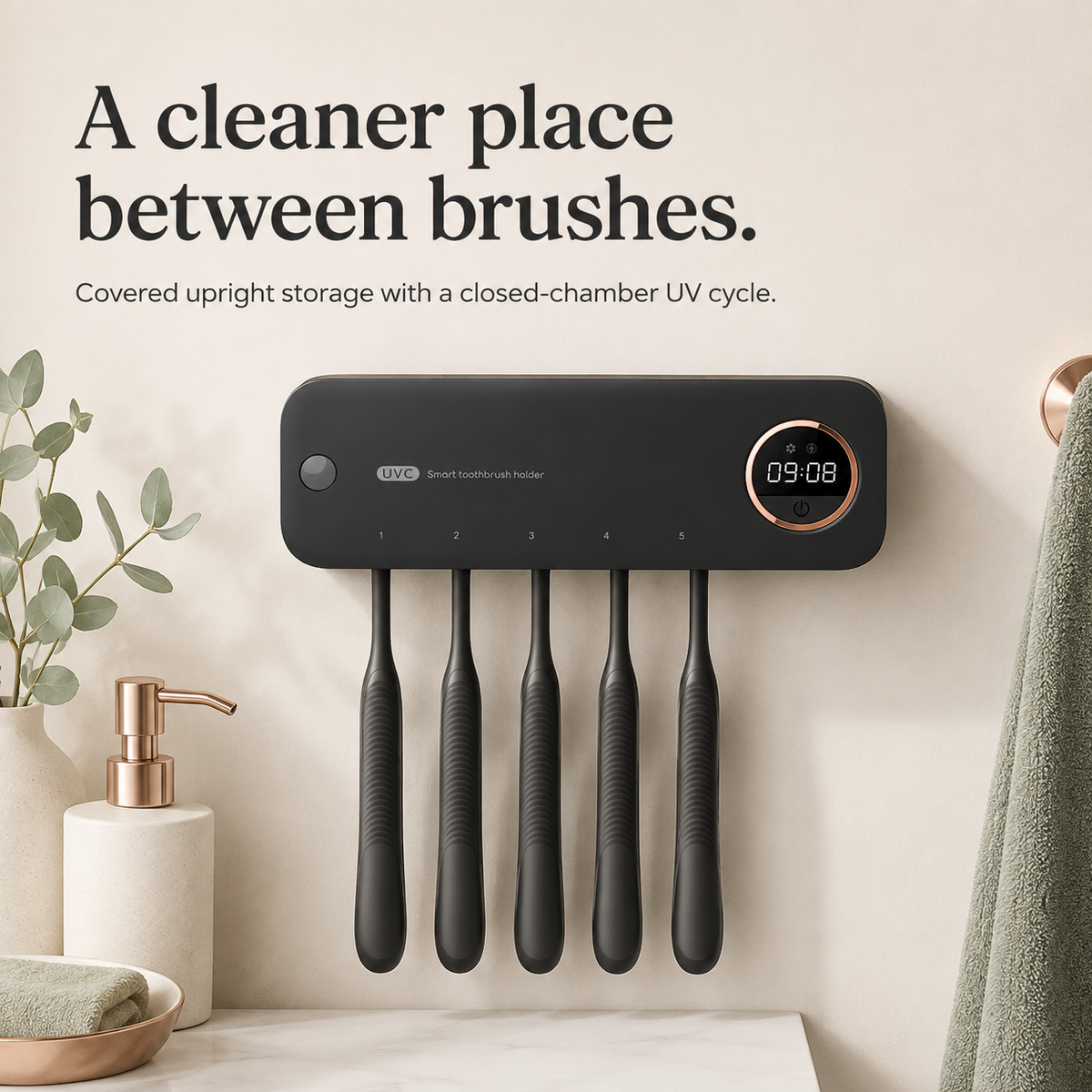 PureHold wall-mounted toothbrush holder with closed-chamber UV cycle