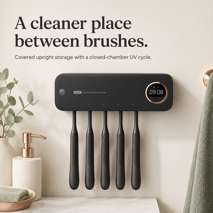 PureHold wall-mounted toothbrush holder with closed-chamber UV cycle